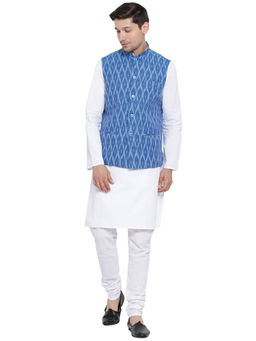 Vastramay - Mens White Pure Cotton Jacket, Kurta and Churidar (Set of 3)