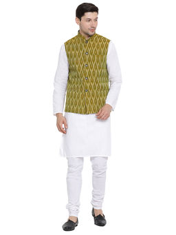 Vastramay - Mens White Cotton Linen Blend Jacket, Kurta and Churidar (Set of 3)