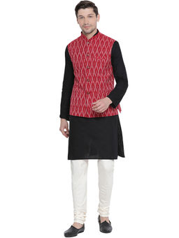 Vastramay - Mens Black Cotton Linen Blend Jacket, Kurta And Pyjama (Set Of 3)