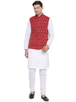 Vastramay - Mens White Cotton Linen Blend Jacket, Kurta And Churidar (Set Of 3)