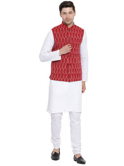 Vastramay - Mens White Pure Cotton Jacket, Kurta And Churidar (Set Of 3)