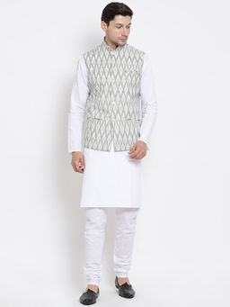 Vastramay - Mens White Pure Cotton Jacket, Kurta and Churidar (Set of 3)