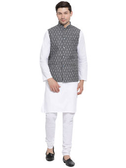 Vastramay - Mens White Cotton Linen Blend Jacket, Kurta and Churidar (Set of 3)