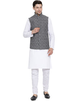 Vastramay - Mens White Pure Cotton Jacket, Kurta and Churidar (Set of 3)