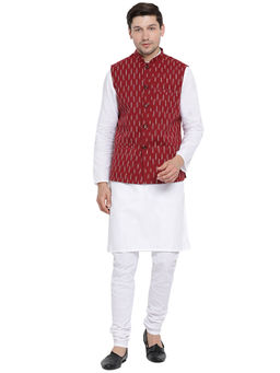 Vastramay - Mens White Cotton Linen Blend Jacket, Kurta and Churidar (Set of 3)