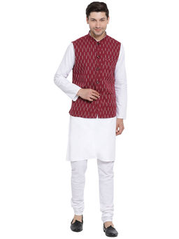 Vastramay - Mens White Pure Cotton Jacket, Kurta and Churidar (Set of 3)
