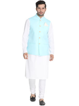 Vastramay - Mens White Pure Cotton Jacket, Kurta and Churidar (Set of 3)