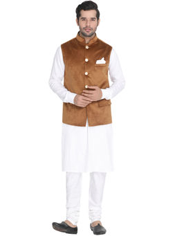 Vastramay - Mens White Cotton Blend Jacket, Kurta and Pyjama (Set of 3)