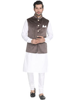 Vastramay - Mens White Cotton Blend Jacket, Kurta and Pyjama (Set of 3)