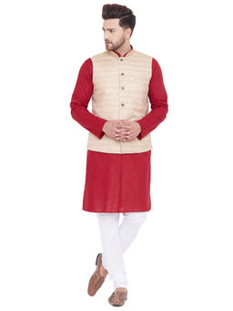 Vastramay - Men Beige, Maroon And White Cotton Blend Jacket, Kurta And Pyjama (set Of 3)