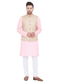 Vastramay - Men Beige, Pink And White Cotton Blend Jacket, Kurta And Pyjama (set Of 3)