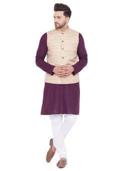 Vastramay - Men Beige, Purple And White Cotton Blend Jacket, Kurta And Pyjama (set Of 3)