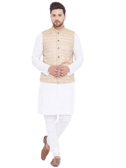 Vastramay - Men Beige And White Cotton Blend Jacket, Kurta And Pyjama (set Of 3)