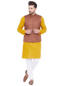 Vastramay - Men Mustard Cotton Blend Jacket, Kurta And Pyjama (set Of 3)