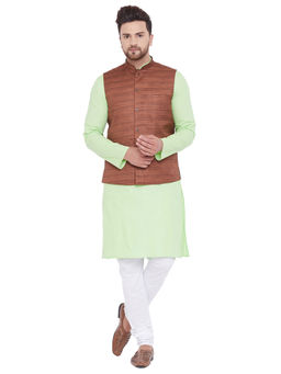 Vastramay - Men Green Cotton Blend Jacket, Kurta And Pyjama (set Of 3)