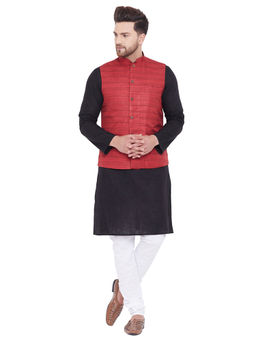 Vastramay - Men Maroon, Black & White Cotton Blend Jacket, Kurta And Pyjama (set Of 3)