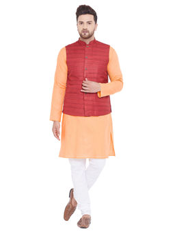 Vastramay - Men Orange Cotton Blend Jacket, Kurta And Pyjama (set Of 3)