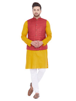 Vastramay - Men Mustard Cotton Blend Jacket, Kurta And Pyjama (set Of 3)