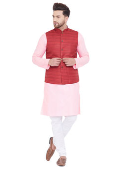 Vastramay - Men Maroon, Pink And White Cotton Blend Jacket, Kurta And Pyjama (set Of 3)