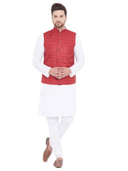 Vastramay - Men Maroon And White Cotton Blend Jacket, Kurta And Pyjama (set Of 3)