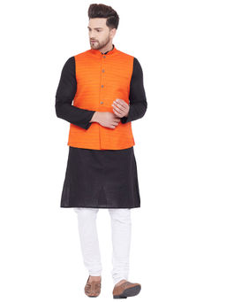 Vastramay - Men Orange, Black And White Cotton Blend Jacket, Kurta And Pyjama (set Of 3)