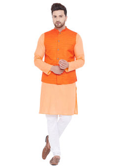 Vastramay - Men Orange, Fawn And White Cotton Blend Jacket, Kurta And Pyjama (set Of 3)