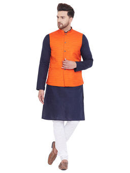 Vastramay - Men Navy Blue Cotton Blend Jacket, Kurta And Pyjama (set Of 3)