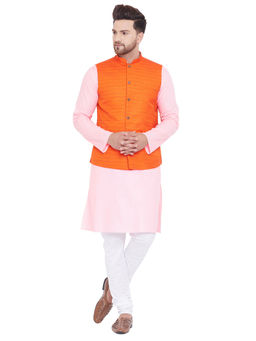 Vastramay - Men Orange, Pink And White Cotton Blend Jacket, Kurta And Pyjama (set Of 3)