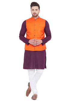 Vastramay - Men Purple Cotton Blend Jacket, Kurta And Pyjama (set Of 3)