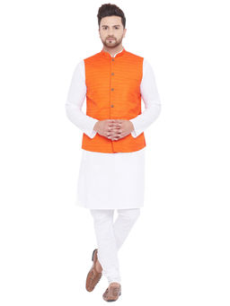 Vastramay - Men Orange And White Cotton Blend Jacket, Kurta And Pyjama (set Of 3)