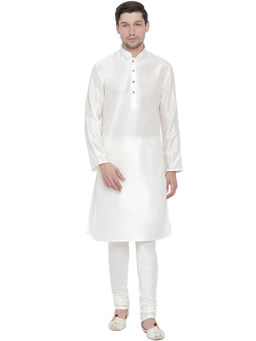 Vastramay - Men White Cotton Silk Kurta Pyjama (set Of 2)