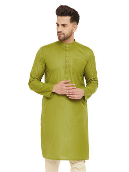 Vastramay - Mens Mehendi Green Cotton Blend Kurta