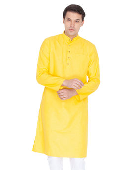 Vastramay - Men Yellow Cotton Linen Blend Kurta