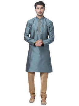 Vastramay - Men Light Blue Cotton Silk Kurta Pyjama (set Of 2)
