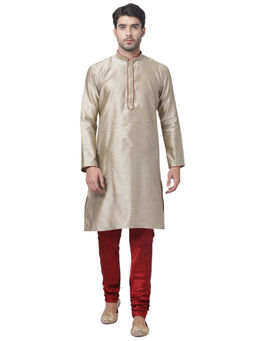 Vastramay - Men Beige Cotton Silk Kurta Pyjama (set Of 2)