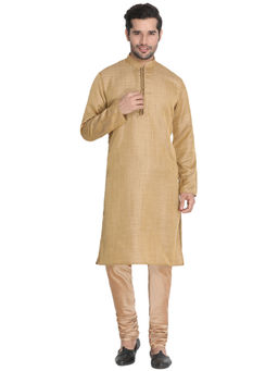 Vastramay - Mens Beige Silk Blend Kurta Pyjama (Set of 3)