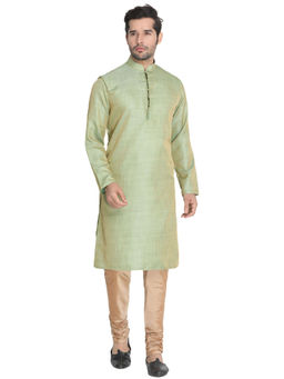 Vastramay - Mens Green Silk Blend Kurta Pyjama (Set of 3)