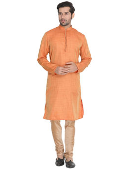 Vastramay - Mens Orange Silk Blend Kurta Pyjama (Set of 3)