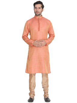 Vastramay - Mens Peach Silk Blend Kurta Pyjama (Set of 3)