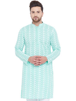 Vastramay - Men Green And White Cotton Kurta