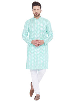 Vastramay - Men Green And White Cotton Kurta Pyjama (set Of 2)