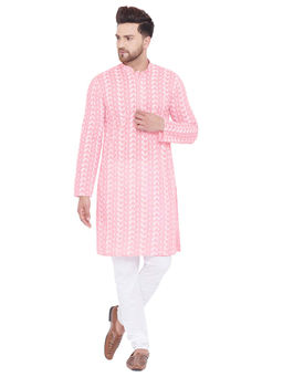 Vastramay - Men Pink And White Cotton Kurta Pyjama (set Of 2)