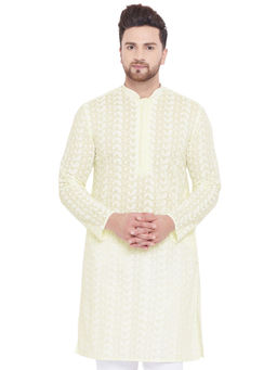 Vastramay - Men Yellow And White Cotton Kurta
