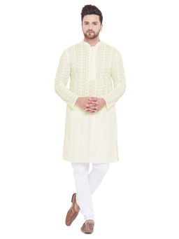 Vastramay - Men Yellow And White Cotton Kurta Pyjama (set Of 2)