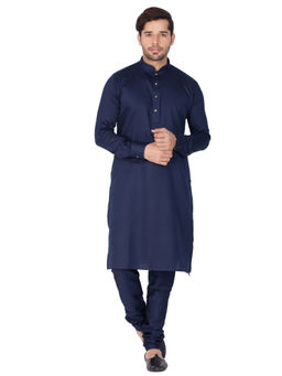 Vastramay - Mens Navy Blue Cotton Blend Kurta Pyjama (Set of 3)