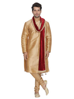 Vastramay - Mens Gold Silk Blend Kurta, Pyjama & Dupatta (Set of 3)