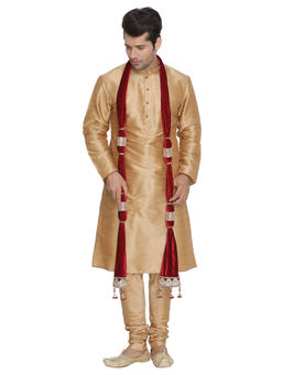 Vastramay - Mens Gold Silk Blend Kurta, Pyjama & Dupatta (Set of 3)