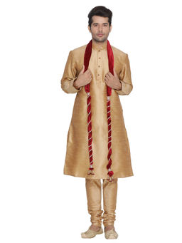 Vastramay - Mens Gold Silk Blend Kurta, Pyjama & Dupatta (Set of 3)