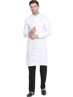 Vastramay - Men White Cotton Linen Blend Pattani Kurta (set Of 2)
