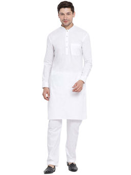 Vastramay - Men White Cotton Linen Blend Pattani Kurta (set Of 2)